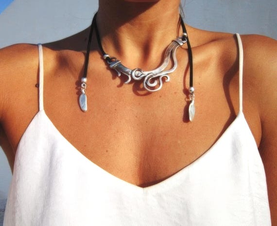 Statement Silver Chunky Pendant leather Necklace • Bohemian Neotribal Jewelry • Custom necklace Best Selling Items • Host Gift for Her