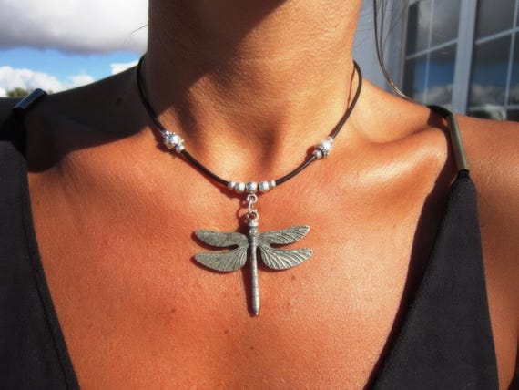 Silver Dragonfly Pendant Necklace  Handmade Boho Chic Jewelry by Kekugi
