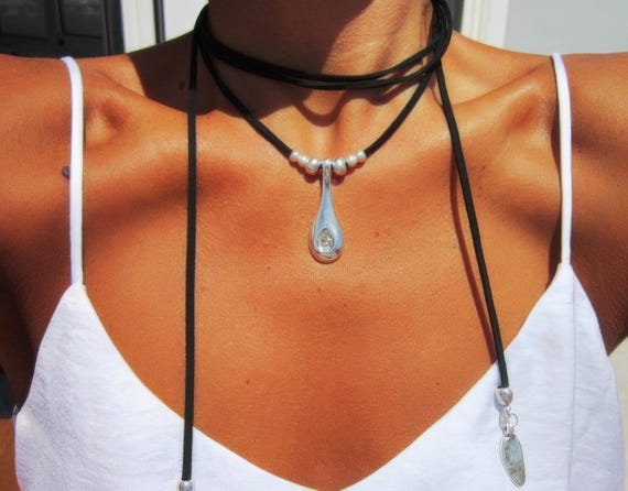 Leather and Silver Beaded Pendant crystal Necklace • Long Statement Chunky Charm Necklace • Bohemian Jewelry