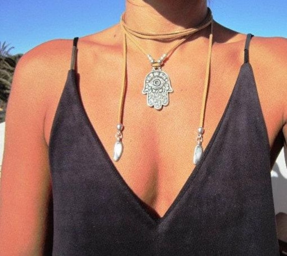 hamsa hand pendant wrap necklace, wish necklace, fatima hand, ethnic jewelry, indian jewelry, hippy jewelry, gypsy necklaces, necklace