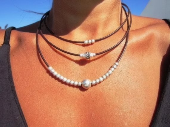 Layered Silver Beaded Leather Necklace • Bohemian Charm Jewelry