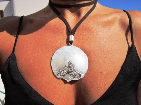 Statement Silver Chunky Pendant leather Necklace • Bohemian Neotribal Jewelry • Custom necklace Best Selling Items • Host Gift for Her