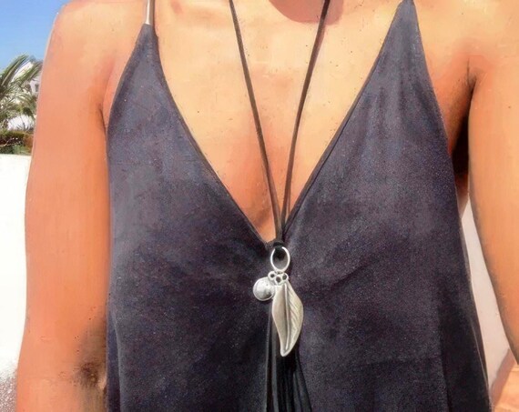 Statement Beaded Necklace with Silver Charm • Bohemian Handmade jewelry • Necklaces for Women • Personalized Jewelry Gift for Her by kekugi