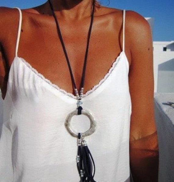 Statement Silver Chunky Pendant leather Necklace • Bohemian Jewelry Best Selling Items • Gift for Her • Neotribal Jewelry Boho Necklace