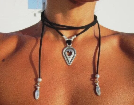 Boho Leather and Silver Beaded Pendant Heart Necklace • Long Statement Chunky Charm Necklace Gift for Her • Bohemian Jewelry Galentine Gift