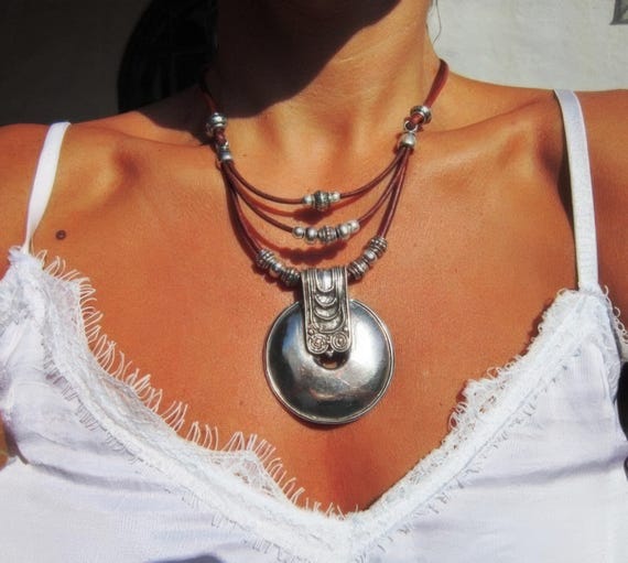 statement boho chic silver pendant necklace, boho chic jewelry, bohemian jewelry, leather handmade jewelry designs by kekugi