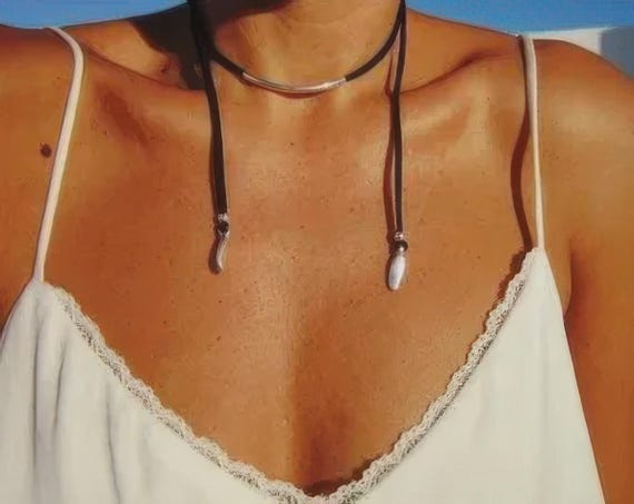 Boho Leather and Silver Beaded Pendant Necklace • Long Statement Chunky Charm Necklace Gift for Her • Bohemian Jewelry Galentine Gift