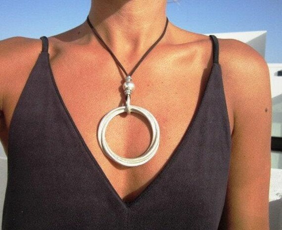 Boho Leather and Silver Beaded Pendant Ring Necklace • Long Statement Chunky Charm Necklace Gift for Her • Bohemian Jewelry Gift for Host