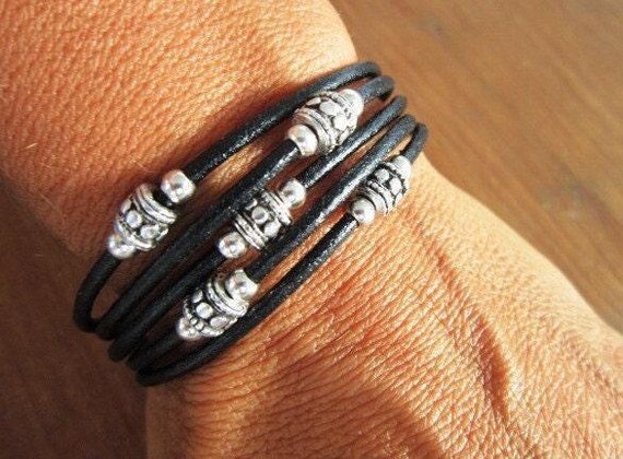 Silver & Leather Custom Bracelet Gift for Her • Personalized Handmade Jewelry Gift • Beaded Charm Bracelet Personalized Gifts for Birthday