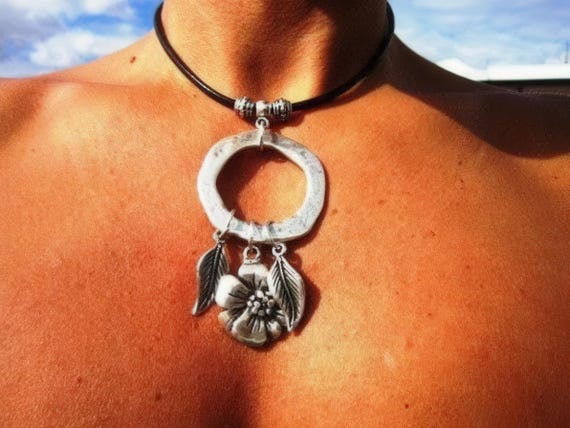 Daisy Pendant Necklace • Silver Beaded Leather Necklace, Handmade Jewelry