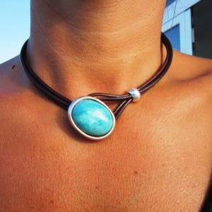 Turquoise Leather Choker Necklace • Silver couples Necklaces for Women • Bohemian Handmade Turquoise Jewelry • Best selling items by kekugi