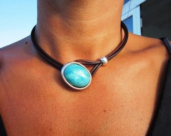 Turquoise Leather Choker Necklace • Silver couples Necklaces for Women • Bohemian Handmade Turquoise Jewelry • Best selling items by kekugi
