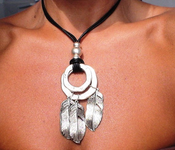 Silver Beaded Necklace with Ring  and feather Charm • Bohemian Handmade jewelry • Necklaces for Women • Personalized Jewelry Gift for Her