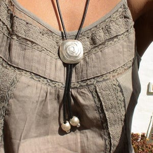 Statement Silver Chunky Pendant leather Bolo tie Necklace • Bohemian Jewelry Best Selling Items • Gift for Her • Neotribal Jewelry