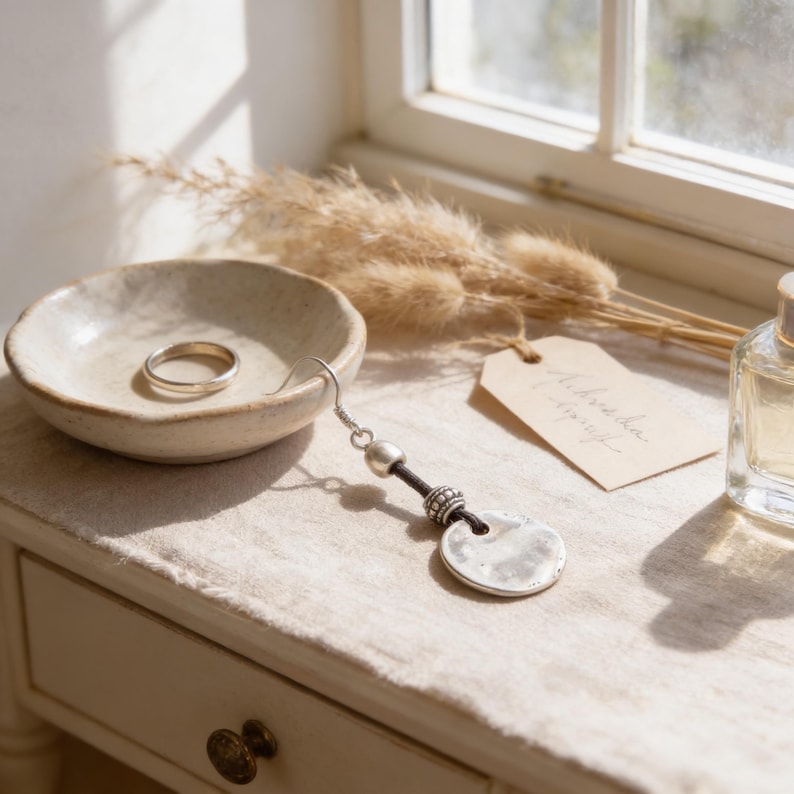 a white dresser with various personal items, including a ring in a bowl, a necklace, a tag, and a bottle of perfume.