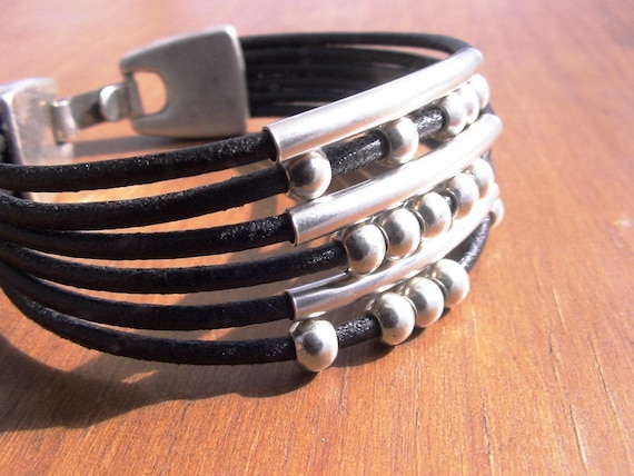 Silver & Leather custom Bracelet gift for her • Personalized handmade Jewelry Gift • Beaded Charm Bracelet personalized gifts for birthday