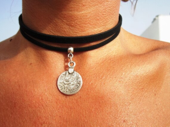 Statement Custom Leather Choker Necklace beaded with coin charm • Personalized Jewelry by kekugi