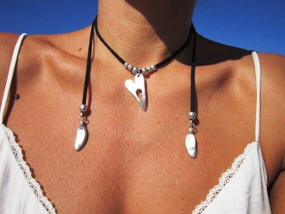 Boho Leather and Silver Beaded Pendant Heart Necklace • Long Statement Chunky Charm Necklace Gift for Her • Bohemian Jewelry Galentine Gift