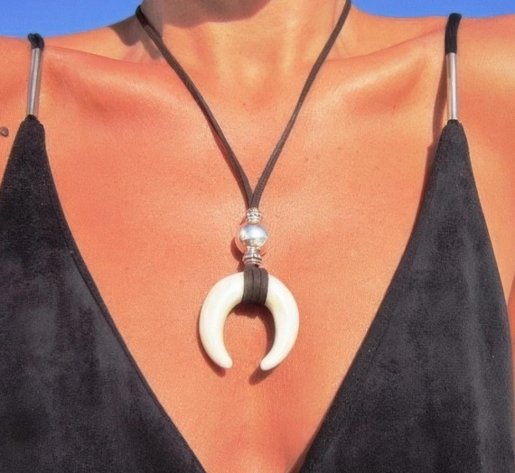 Statement Silver Chunky Pendant leather crescent moon Necklace • Bohemian Jewelry Best Selling Items • Gift for Her • Neotribal Jewelry