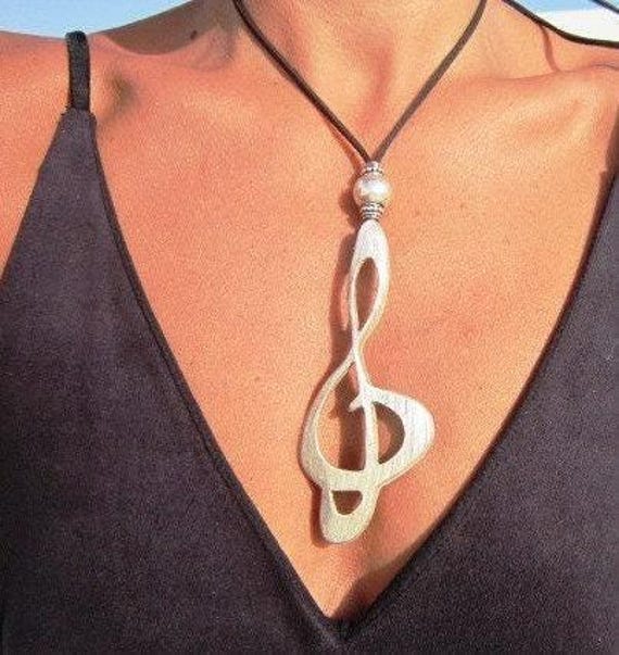 Boho Leather and Silver Beaded treble Sol Clef Pendant Necklace • Long Statement Chunky Charm Music Necklace Gift for Her