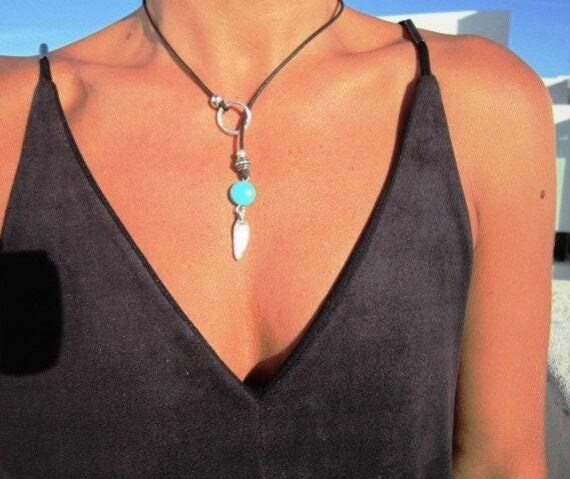 turquoise leather lariat necklace, y shaped turquoise necklaces for women, silver bohemian jewelry