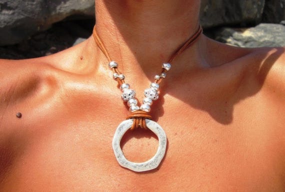 Statement Pendant Charm Ring Necklace • Silver Beaded Necklaces for Women • Handmade Personalized Jewelry Best selling items Gifts