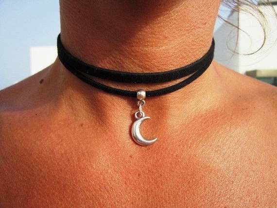 Leather Choker Necklace beaded with moon charm • Silver Beaded Necklaces for Women
