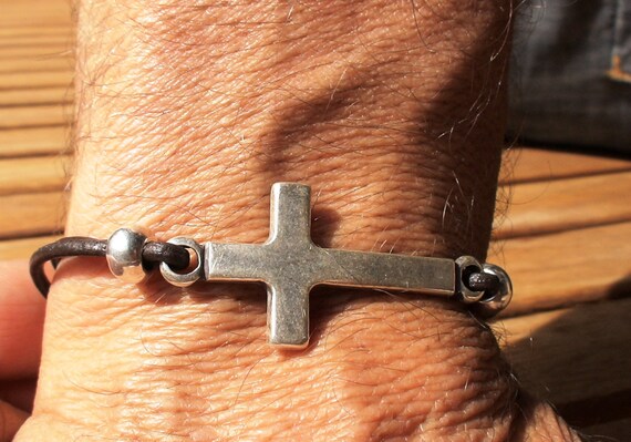 cross Silver and Leather mens bracelet, friendship couples bracelet, men cuff bracelet, handmade silver mens jewelry, unique gifts for men