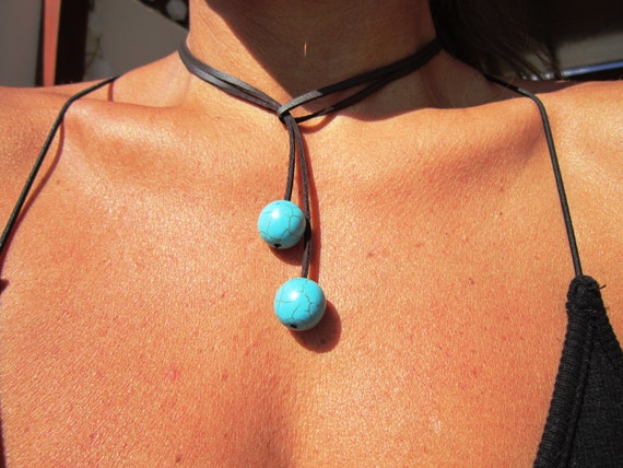 turquoise Bohemian necklace, y necklace, lariat necklace, leather necklaces for women, pendant necklace, boho necklace, leather necklace