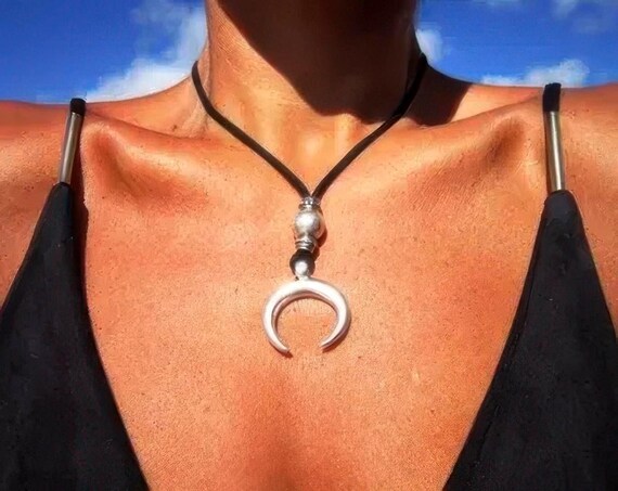 Boho Leather and Silver Beaded Crescent Moon Pendant Necklace • Long Statement Chunky Charm Necklace Gift for Her • Bohemian Jewelry