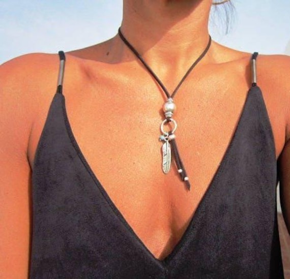 Statement Silver Chunky Pendant leather Necklace • Bohemian Jewelry Best Selling Items • Gift for Her • Neotribal Jewelry Boho Necklace