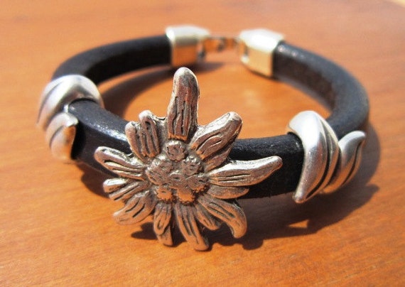 edelweiss flower, flower bracelets, silver flower bracelet, friendship bracelets, friendship bracelet, leather bracelet, gifts for her