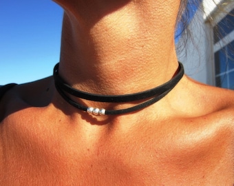 50% off Trendy leather choker, leather and silver beaded necklace, Bohemian jewelry, choker necklace