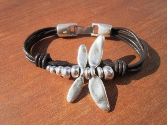 Silver & Leather Custom Dragonfly Bracelet Gift for Her • Personalized Handmade Jewelry Gift • Beaded Charm Bracelet Personalized Gifts