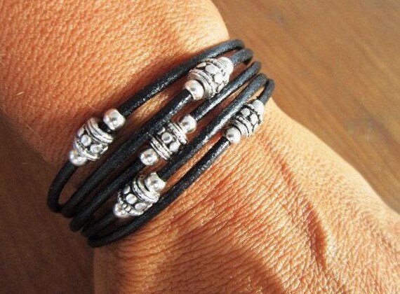Silver & Leather Custom Bracelet Gift for Her • Personalized Handmade Jewelry Gift • Beaded Charm Bracelet Personalized Gifts for Birthday