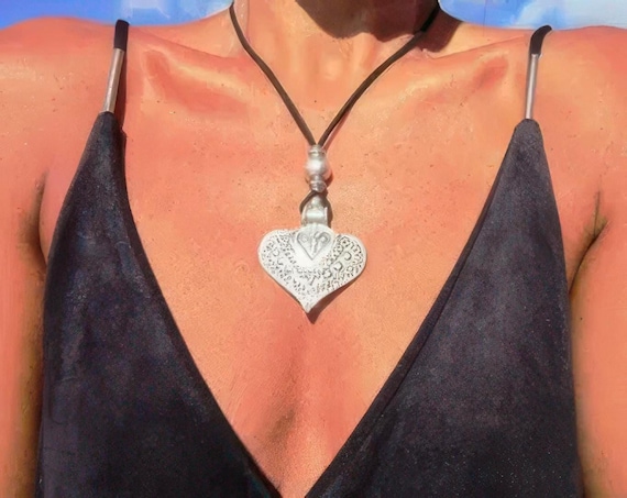 Boho Leather and Silver Beaded Pendant Heart Necklace • Couples Long Statement Chunky Charm Necklace Gift for Her • Bohemian Jewelry