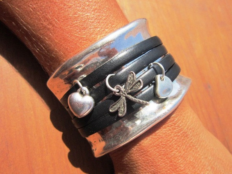 cuff bracelet black bracelet silver bracelet leather image 0