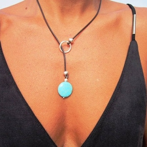 resin turquoise leather necklace, lariat necklace, y shapped necklace, turquoise jewelry, y silver necklace, bohemian jewelry image 2