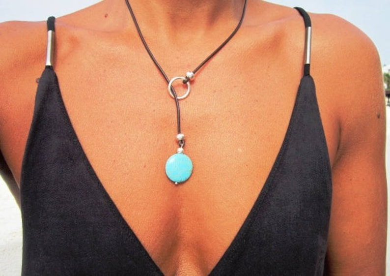 resin turquoise leather necklace, lariat necklace, y shapped necklace, turquoise jewelry, y silver necklace, bohemian jewelry image 2