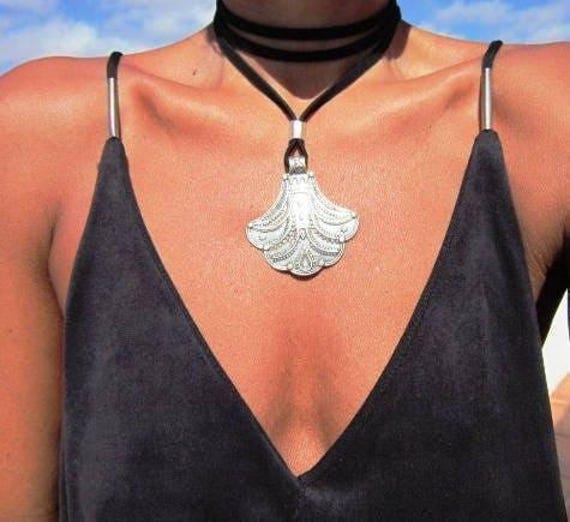 Statement Silver Chunky Pendant leather Necklace • Bohemian Jewelry Best Selling Items • Gift for Her • Neotribal Jewelry Boho Necklace