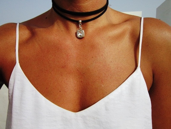 Leather Beaded Choker Necklace with Charm  Bohemian Womens Jewelry
