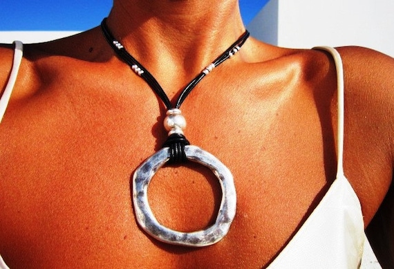 silver ring necklace, choker necklace, handmade jewelry, pendant necklaces, silver necklaces, unique necklaces, leather necklace