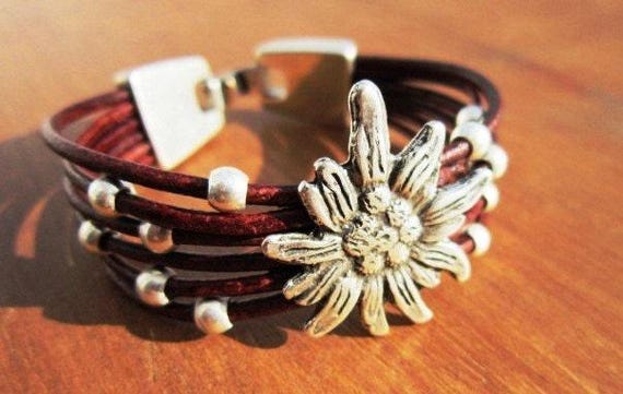 Personalized Leather & Silver Beaded Bracelet Gifts with edelweiss charm • Handmade Bohemian Jewelry • Custom Jewelry Gift for Her