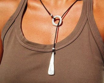 silver ring leather necklace for women, lariat y eternity necklace,  bohemian boho chic handmade  jewelry