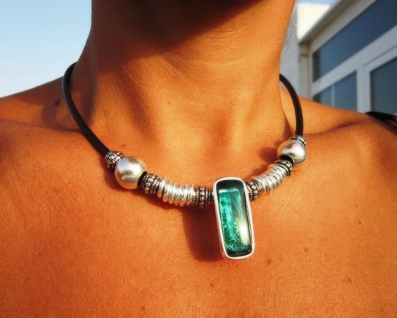 Silver Beaded Necklace featuring a emerald Crystal Charm • Bohemian Personalized Handmade Jewelry • Best selling items Custom Gift for her