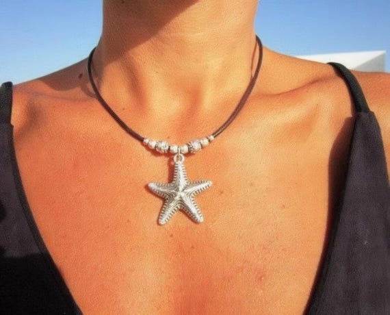Custom Beaded starfish silver star Necklace charm • Bohemian Handmade beach shell  jewelry • Best selling items Gift for her summer necklace