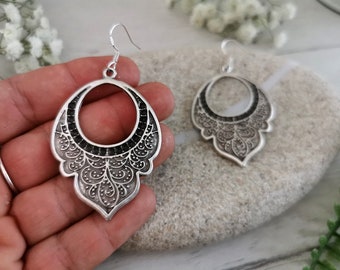 Boho earring silver, drop earrings, statement trendy earrings for women, unique gypsy earrings, dangle earrings,  handmade jewelry,