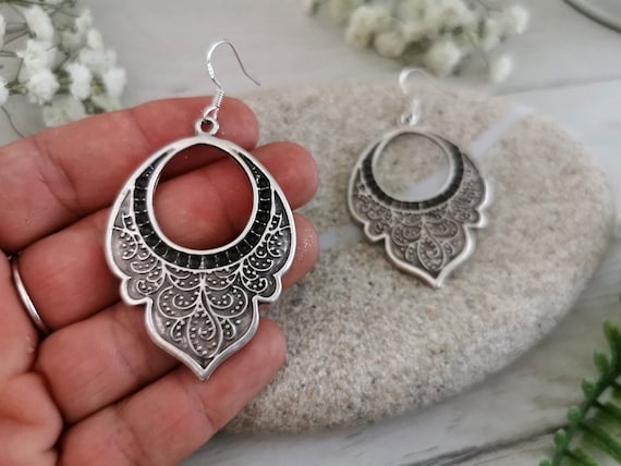 Boho earring silver, drop earrings, statement trendy earrings for women, unique gypsy earrings, dangle earrings,  handmade jewelry,