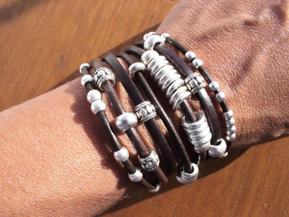 Leather & Silver Charm Beaded Bracelet • Handmade Jewelry Gift for Her • Custom Bracelet Gift • Personalized Jewelry Gifts by Kekugi