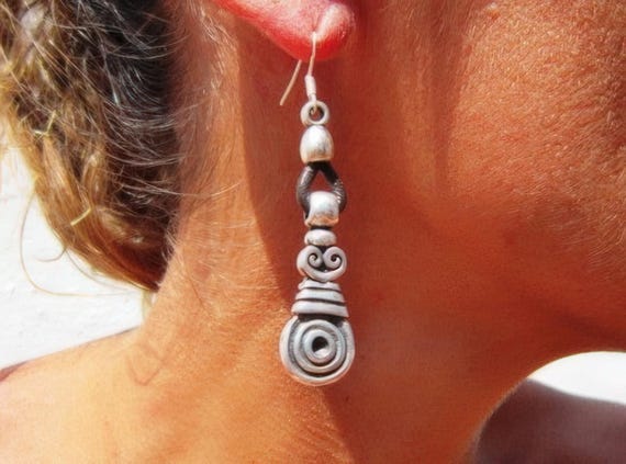 Statement drop beaded silver earrings • personalized jewelry gift for her • Drop beaded boho earrings dangle • Handmade jewelry by kekugi